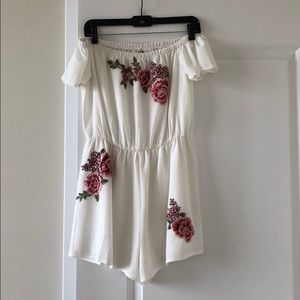 White off the shoulder rose romper